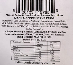 Red Hill Confectionery - Dark Chocolate Coated Coffee Beans 250g Bag