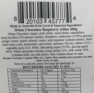 Red Hill Confectionery - White Chocolate Coated Raspberries 400g Bag