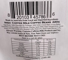 Load image into Gallery viewer, Red Hill Confectionery - Milk Chocolate Irish Cream Coffee Beans 220g Bag
