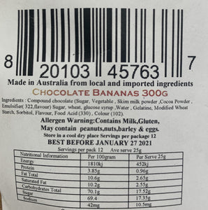 Red Hill Confectionery - Milk Chocolate Coated Bananas 300g Bag